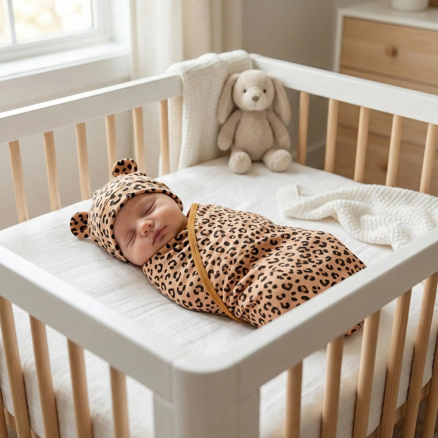 Couverture d emmaillotage Animaux bébé endormi emmailloté motif léopard avec bonnet assorti dans un berceau