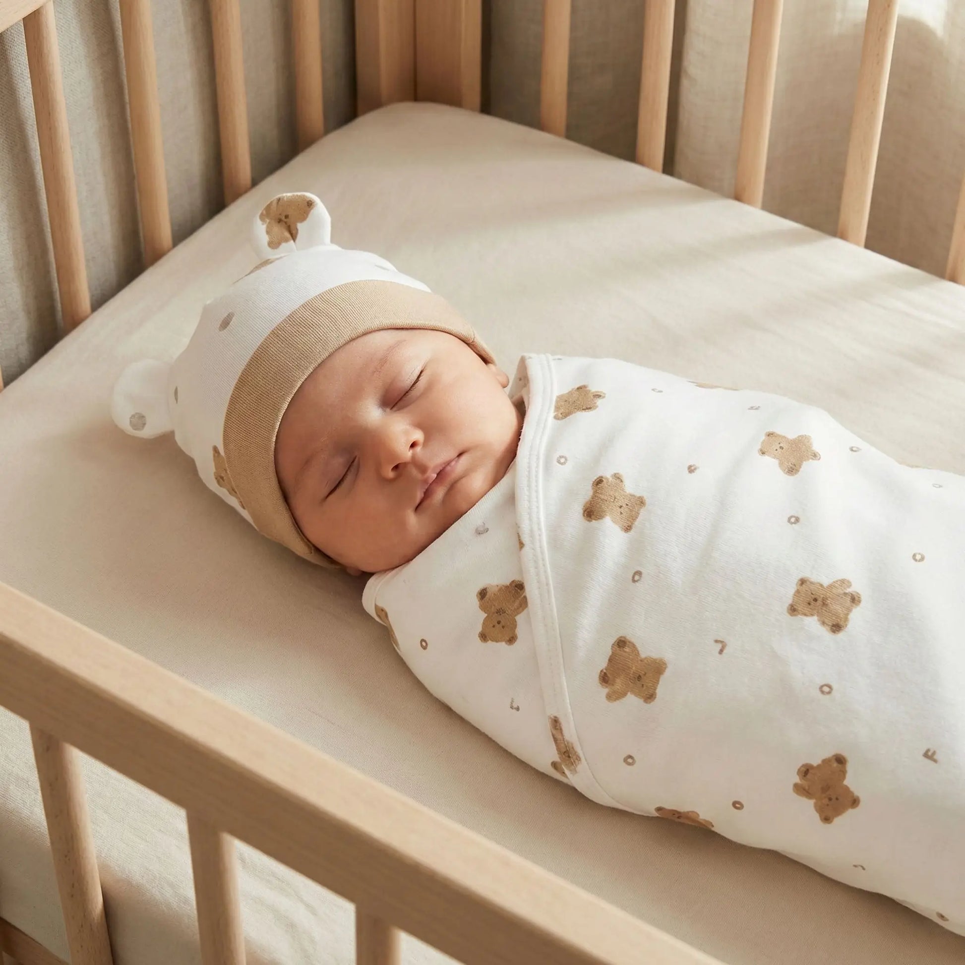 Couverture d emmaillotage Animaux bébé endormi emmailloté motif ours avec bonnet assorti à oreilles dans un berceau