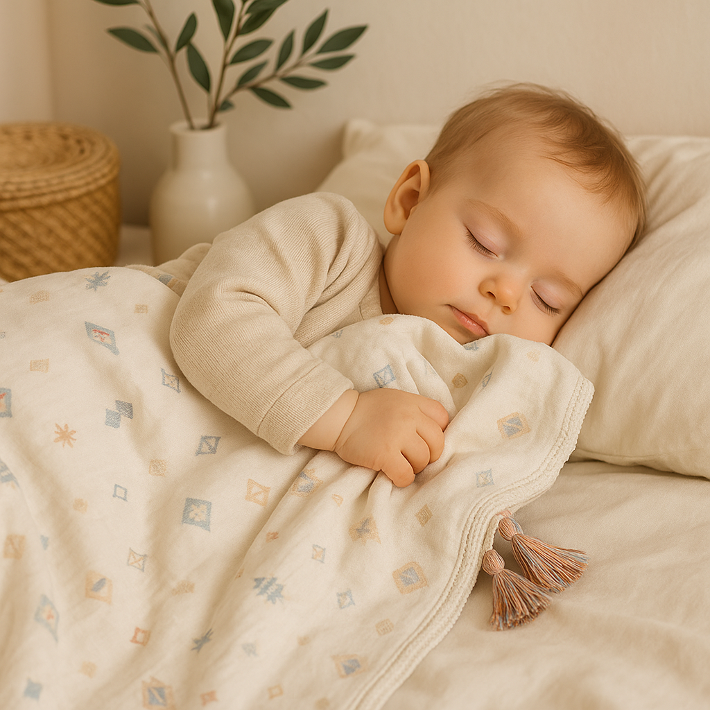 « Bébé blotti contre la couverture NaturaDouce™ motif indien magique, atmosphère épurée et sereine »