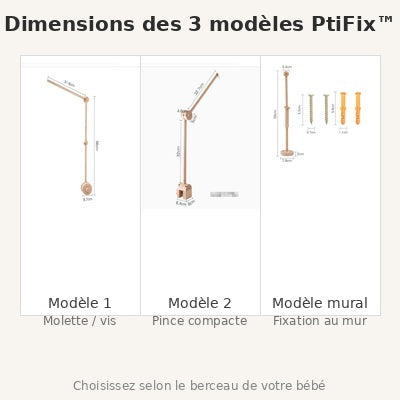 support mobile bébé en bois PtiFix dimensions des 3 modèles pince ronde pince compacte et fixation murale