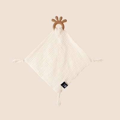 Doudou bebe avec anneau de dentition beige.