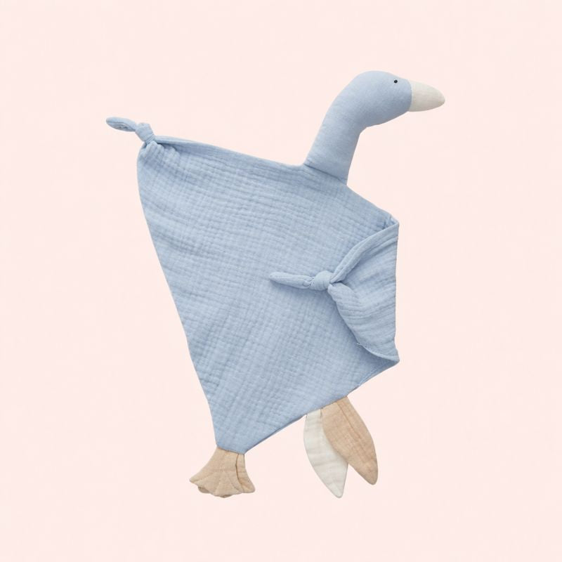 Doudou bébé canard DuckyDoux bleu en gaze de coton douce, compagnon apaisant pour bébé dès la naissance