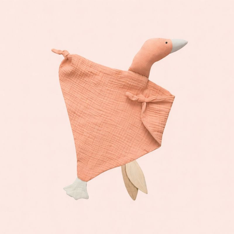 Doudou bébé canard DuckyDoux rose en gaze de coton douce, compagnon réconfortant dès la naissance