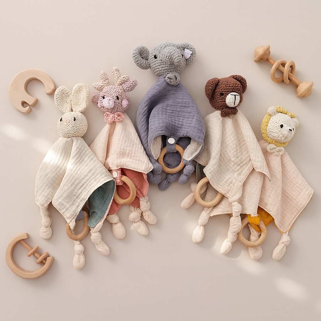 Collection de doudous bébé crochet bois et mousseline présentés ensemble, mettant en valeur leurs matières naturelles et leurs couleurs douces.