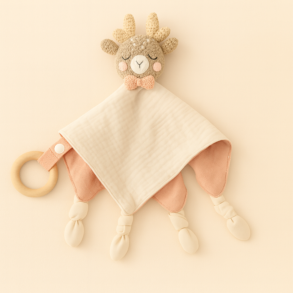 Doudou bébé crochet bois et mousseline en forme d’élan beige clair avec doublure rose et anneau en bois, présenté sur fond blanc.