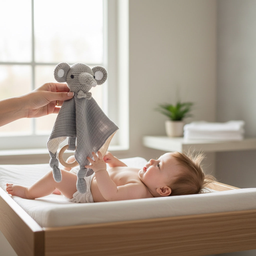 Bébé allongé attrapant un doudou bébé crochet bois et mousseline éléphant, présenté par un parent dans une scène douce et naturelle.