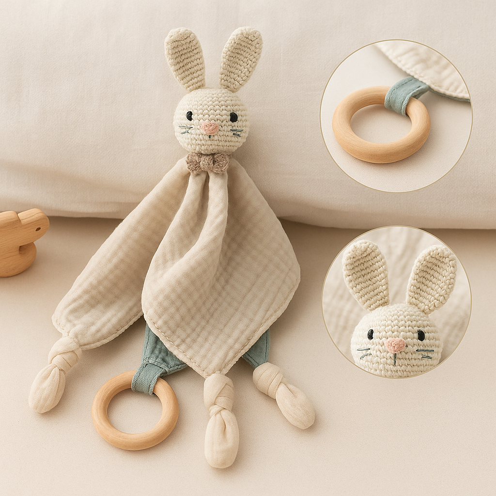 Doudou bébé crochet bois et mousseline lapin avec doublure bleu vert et anneau en bois de hêtre, présenté avec deux gros plans sur les matières naturelles.