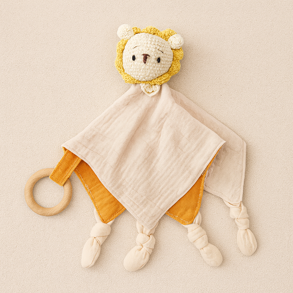 Doudou bébé crochet bois et mousseline lion posé à plat, mettant en valeur ses matériaux naturels et ses finitions douces pour les tout-petits.