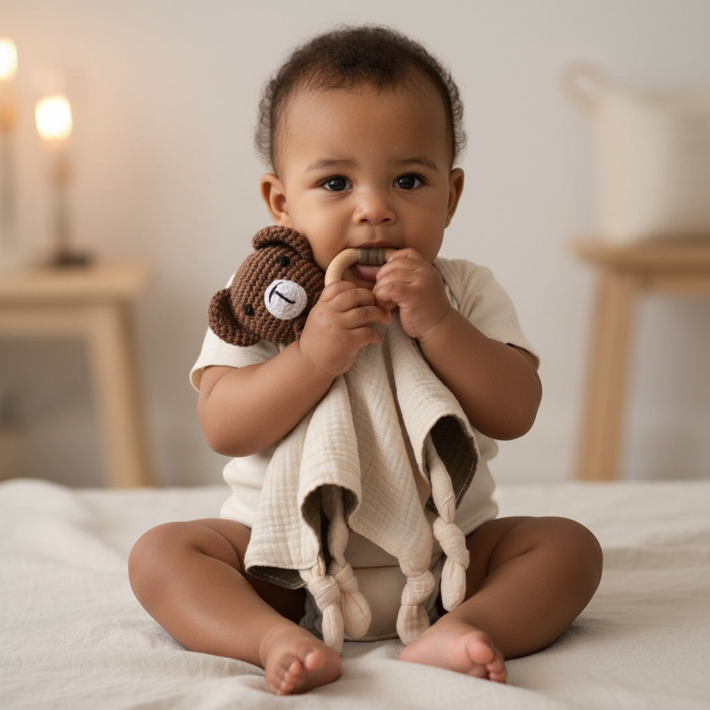 Bébé métis assis tenant un doudou bébé crochet bois et mousseline ours, scène douce et chaleureuse idéale pour illustrer le produit en vitrine.
