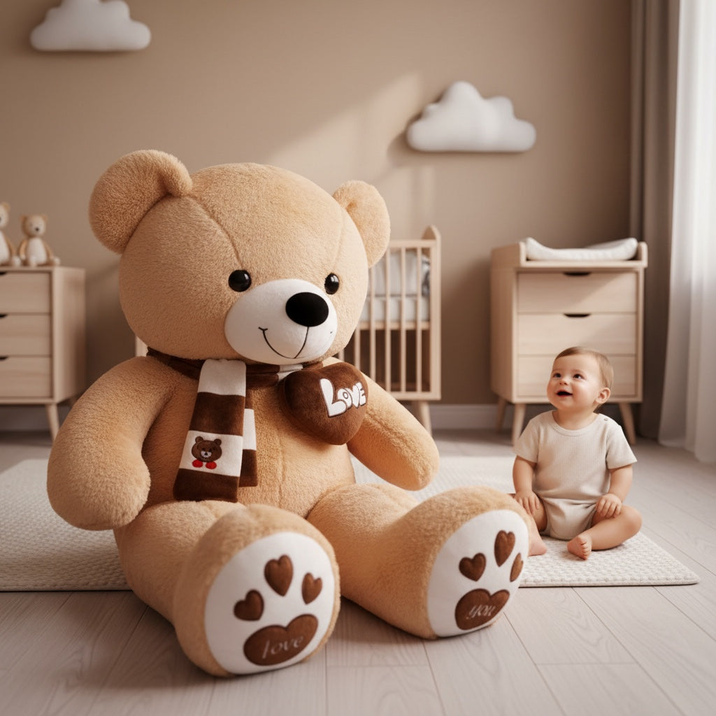 doudou bebe geant marron clair dans une chambre scandinave haut de gamme