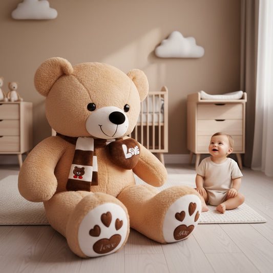 doudou bebe geant marron clair dans une chambre scandinave haut de gamme