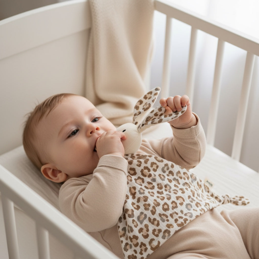 Bébé avec doudou bebe lange coton motif léopard ArcEnLange™