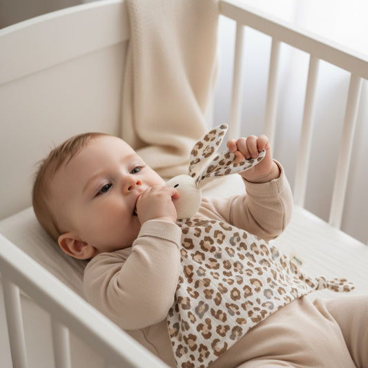 Bébé avec doudou bebe lange coton motif léopard ArcEnLange™