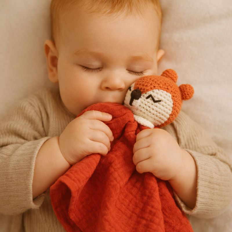 bébé endormi tenant un doudou lapin renard rouge dans ses mains