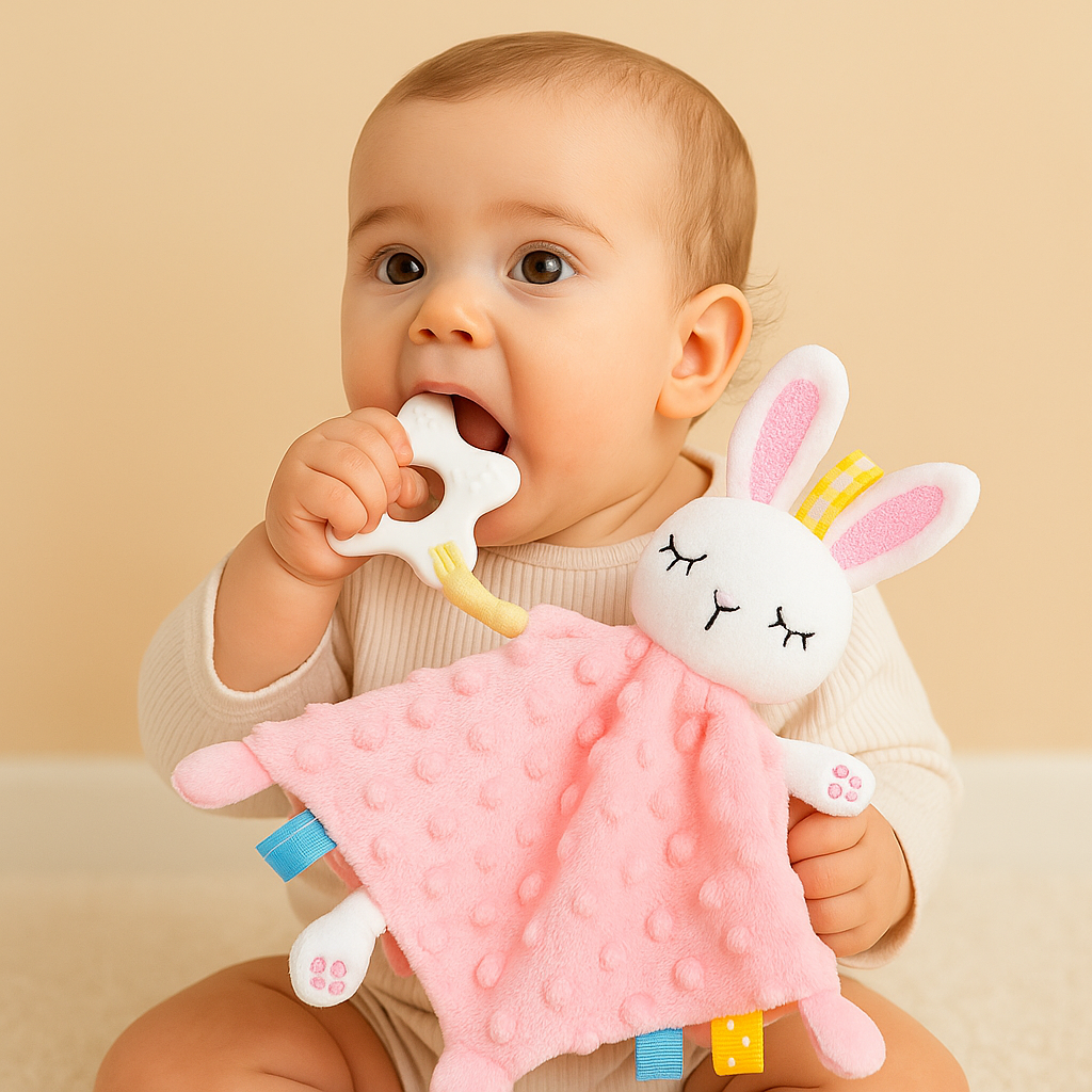 Bébé assis qui mord dans l’anneau de dentition attaché à un doudou bébé mixte lapin rose en tissu minky, tenu dans ses mains.