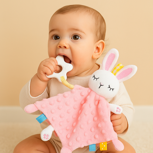Bébé assis qui mord dans l’anneau de dentition attaché à un doudou bébé mixte lapin rose en tissu minky, tenu dans ses mains.
