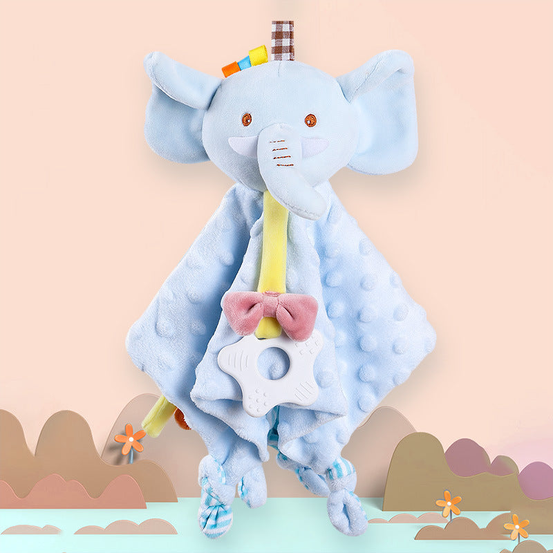 Doudou bébé mixte éléphant bleu en tissu minky à picots, avec anneau de dentition blanc attaché et décor pastel en arrière-plan.