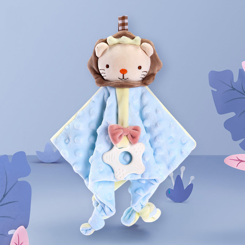 Doudou bébé mixte lion bleu en tissu minky à picots, avec anneau de dentition blanc attaché, présenté sur un décor pastel bleu.