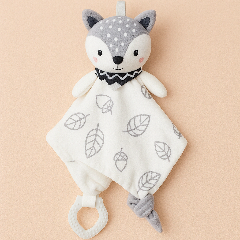 Doudou bébé Toloman modèle renard, présenté sur un fond beige rosé, avec tissu blanc imprimé feuilles et anneau de dentition en silicone