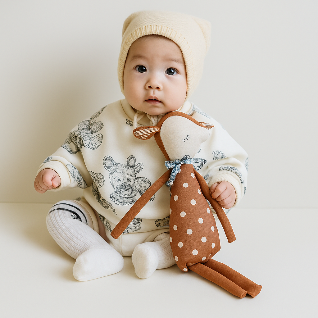 Bebe assis tenant un doudou en coton bio NaturaDoux dans une ambiance douce et épurée, visuel vitrine scandinave