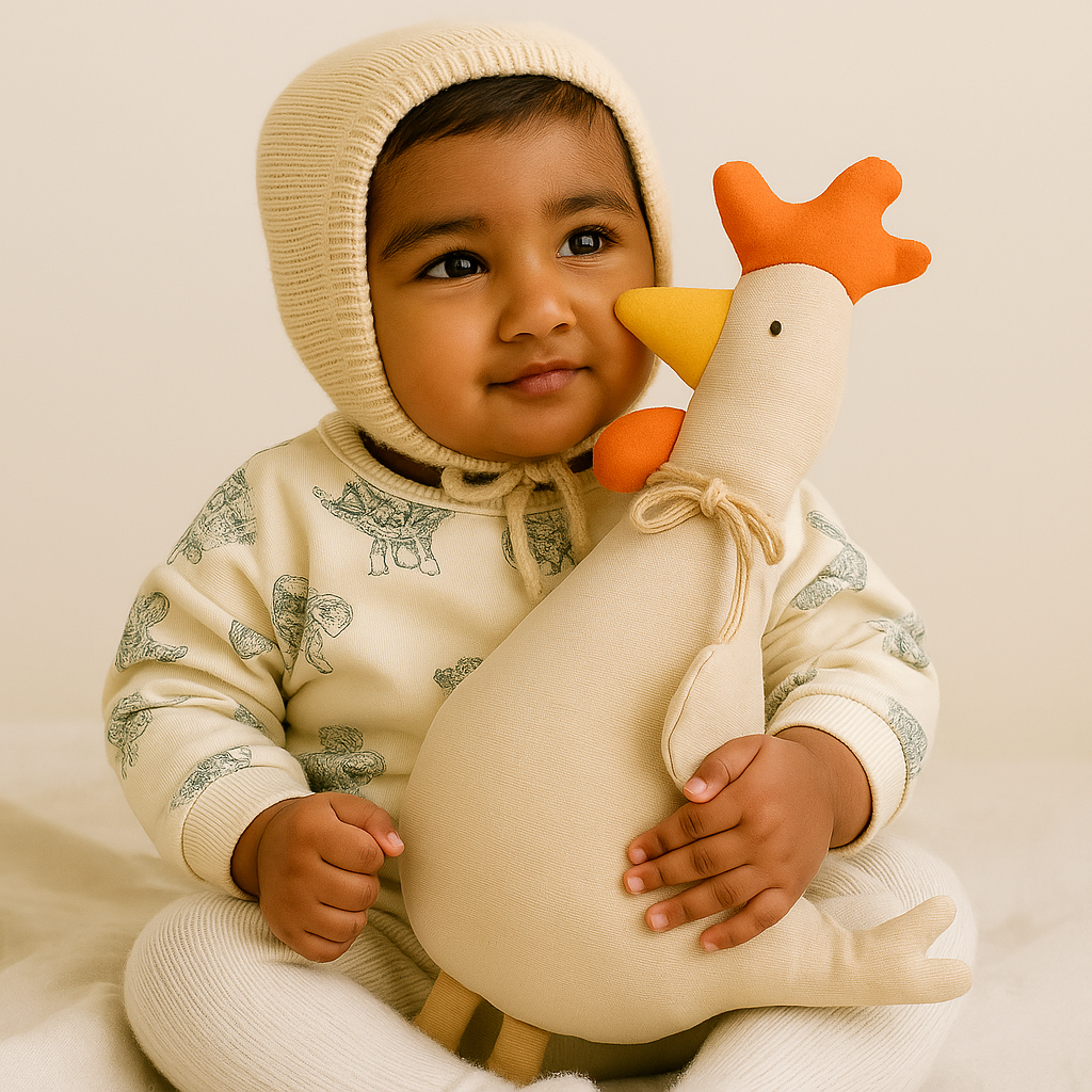 Bebe pakistanais assis tenant un doudou coq beige et orange, scene douce et scandinave.