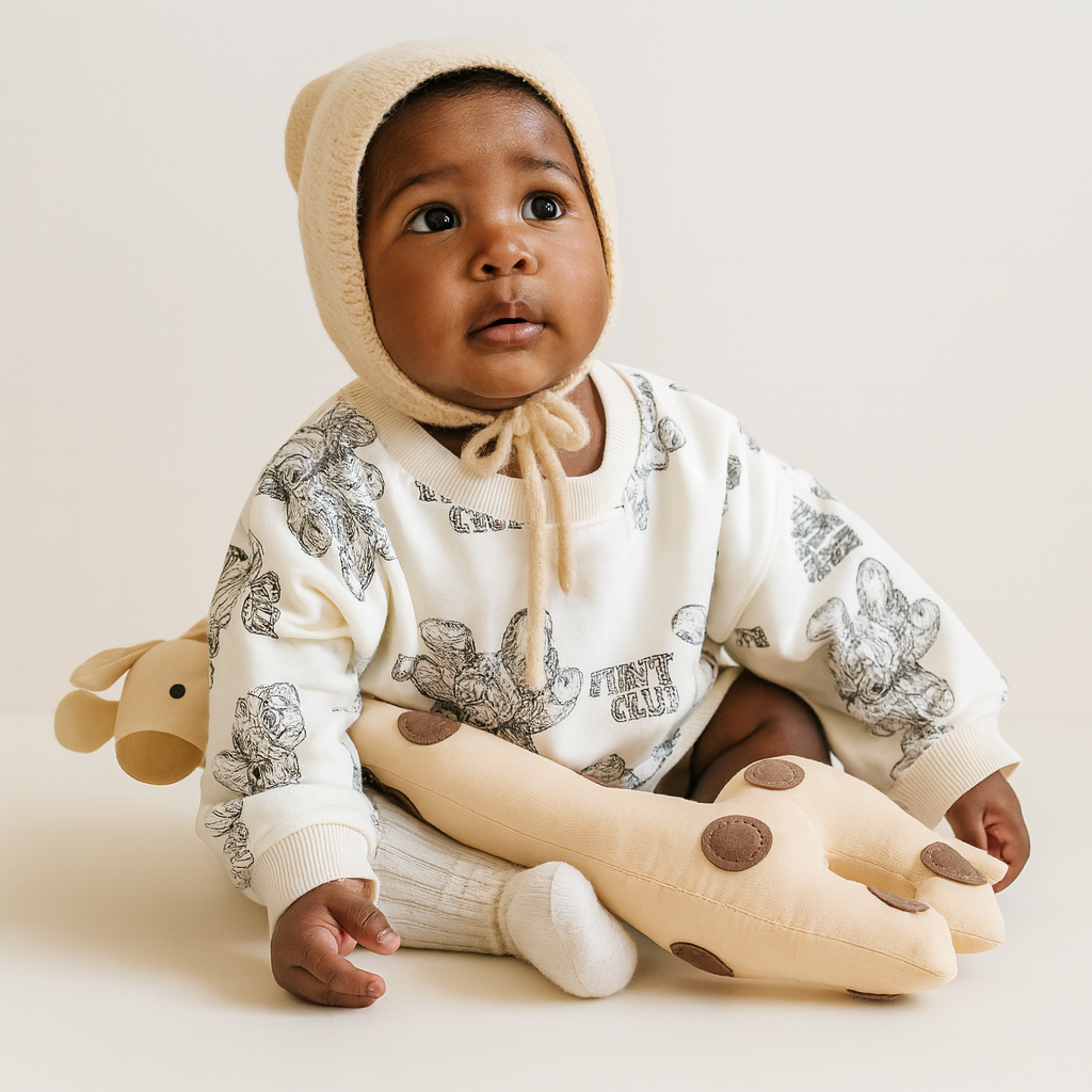 Bebe metis tenant un doudou girafe beige à pois, visuel chaleureux et naturel style scandinave