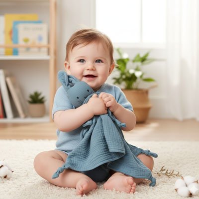 Doudou lapin - bébé jouant avec un doudou lapin bleu