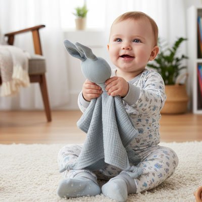 Bébé jouant avec un doudou lapin gris bleu