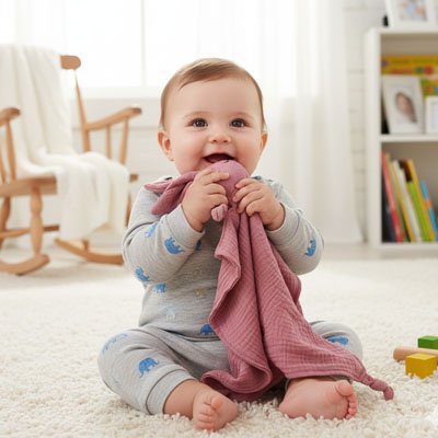 Bébé jouant avec un doudou lapin rose foncé 