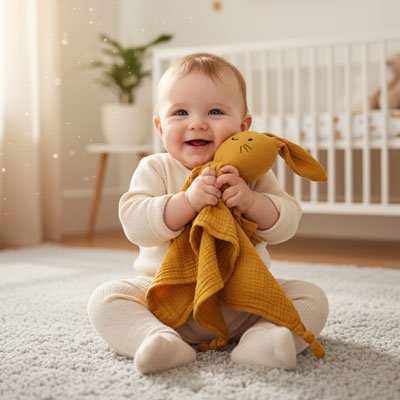 Bébé tenant contre lui un doudou lapin orange