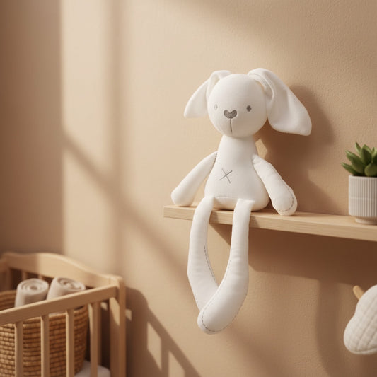 doudou pour bébé lapin blanc assis sur une étagère en bois dans une chambre beige