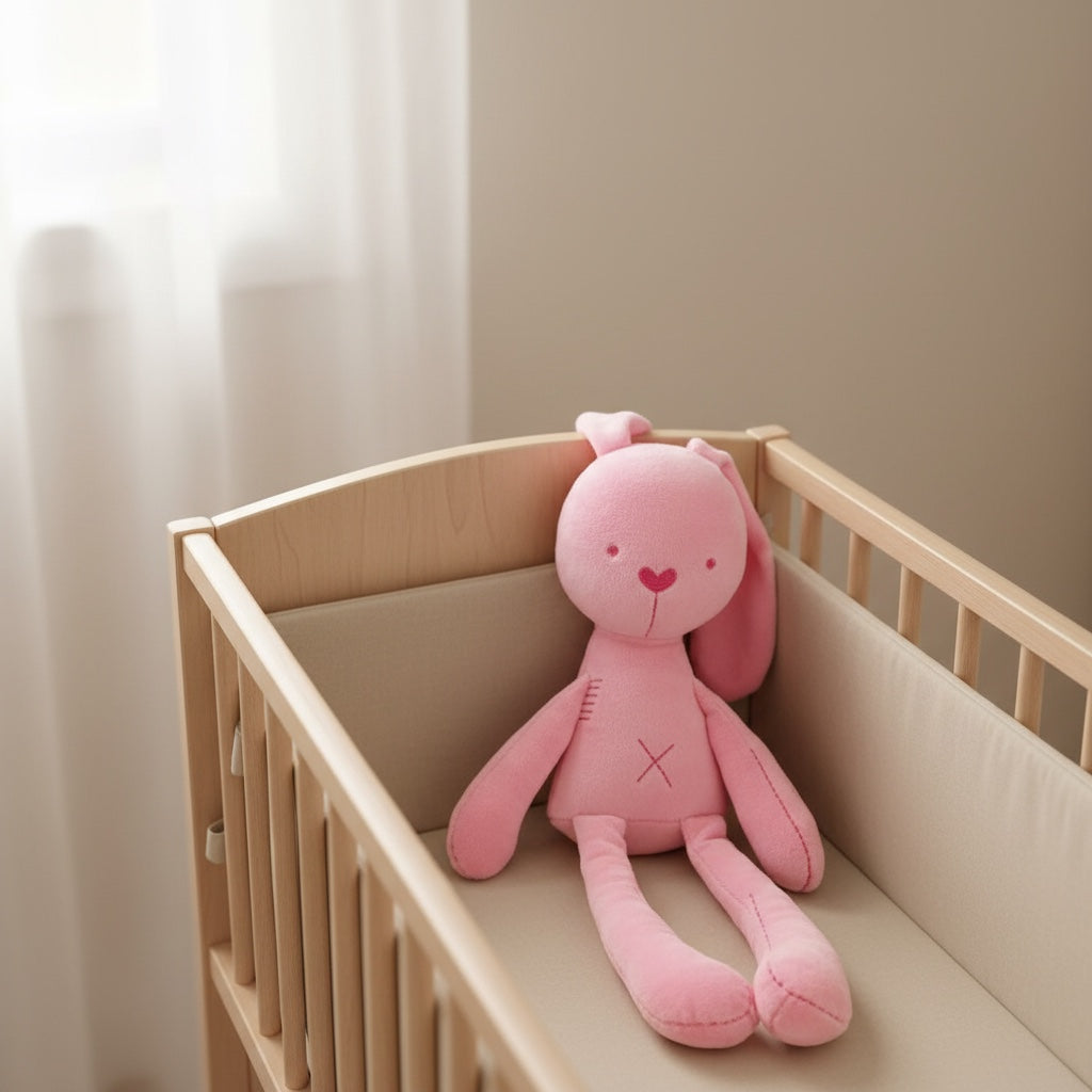 doudou pour bébé lapin rose assis dans un berceau en bois clair