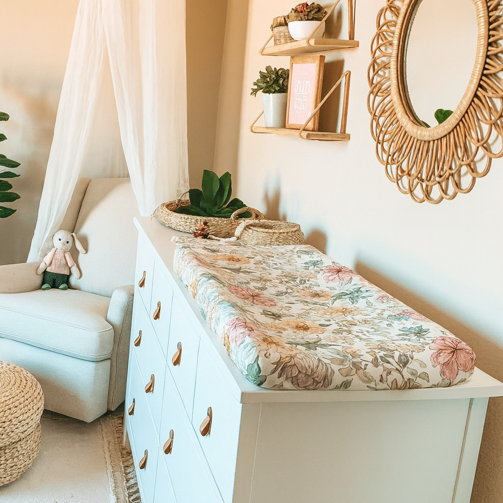 Housse matelas à langer florale installée dans une chambre bébé décorée dans un style naturel et chaleureux.