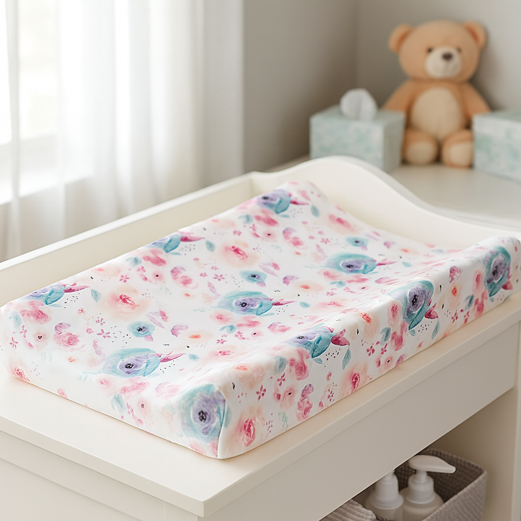 Housse matelas à langer imperméable LeafyCare™ motif floral pastel, mise en scène sur une table à langer dans une chambre bébé douce et lumineuse.