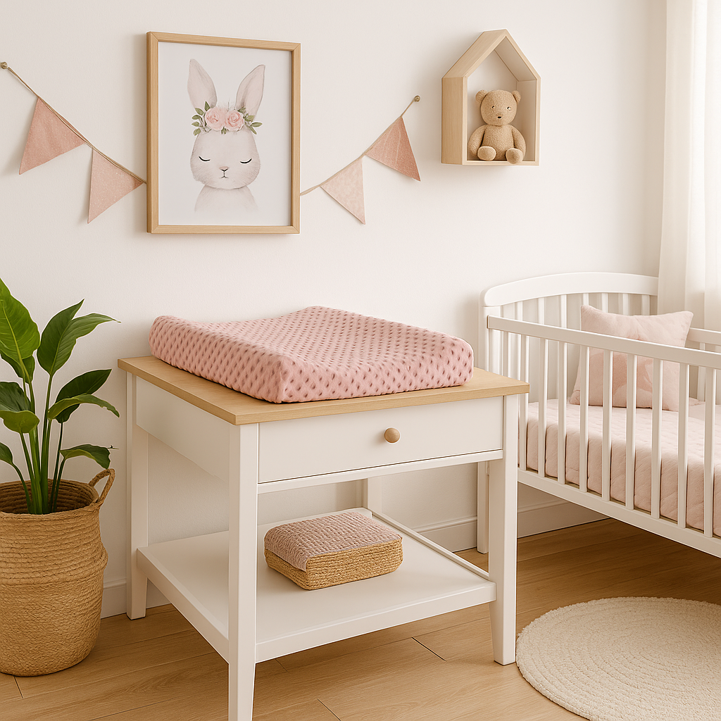 Housse de matelas à langer en minky rose poudré installée dans une chambre de petite fille au décor scandinave, avec mobilier en bois clair et ambiance douce.