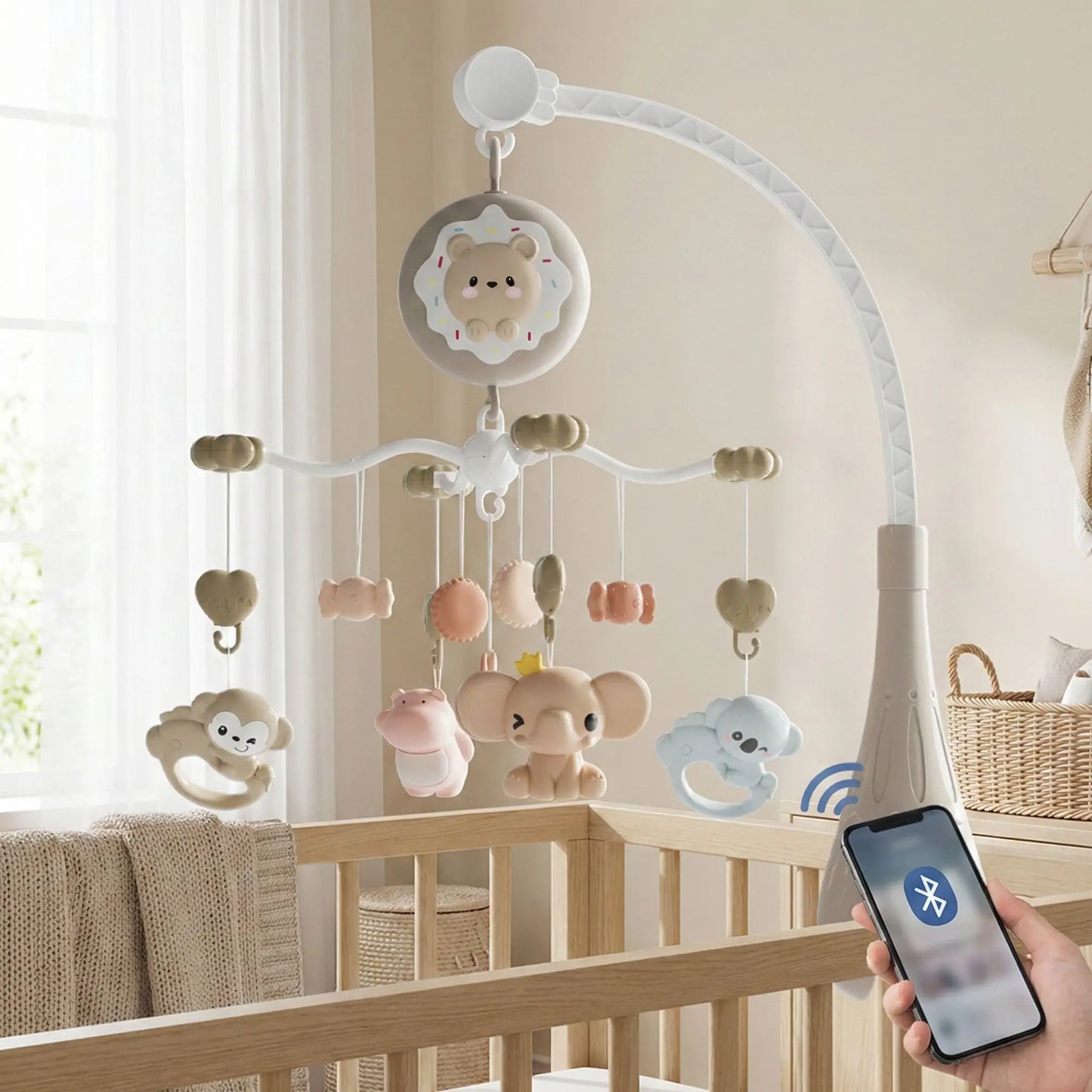 Mobile musique bebe ChatonNuit™ gris sidéral Bluetooth au-dessus du berceau