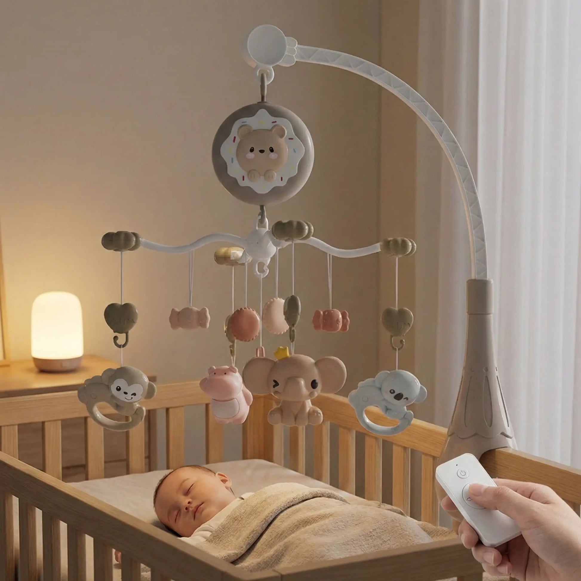 Mobile musique bebe ChatonNuit™ gris sidéral télécommande au-dessus du berceau