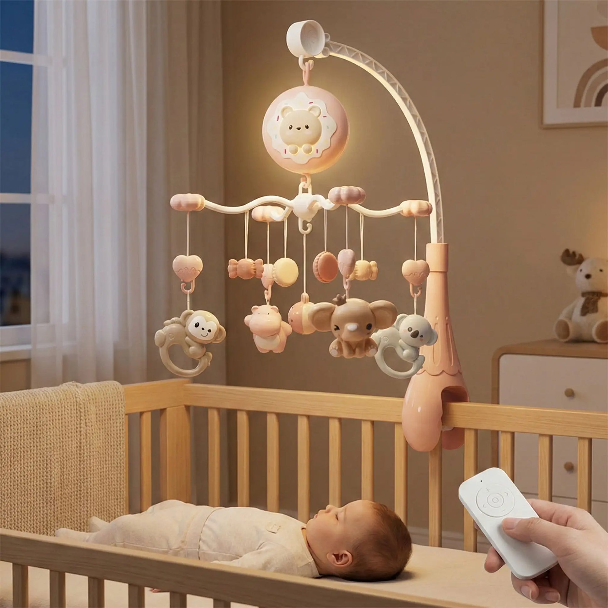 Mobile musique bebe ChatonNuit™ rose poudré avec télécommande au-dessus du berceau