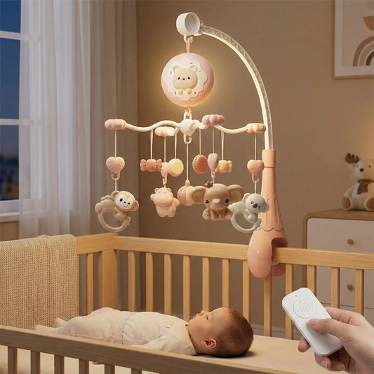 Mobile musique bebe ChatonNuit™ rose poudré avec télécommande au-dessus du berceau