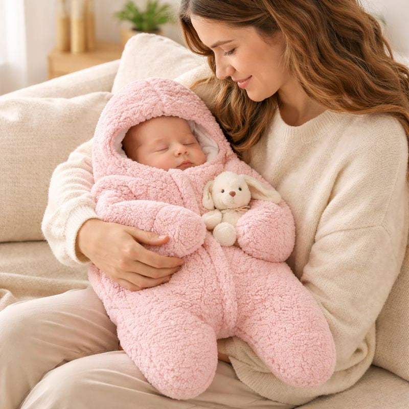 nid d’ange bébé doublé sherpa rose dans les bras de sa mère sur un canapé