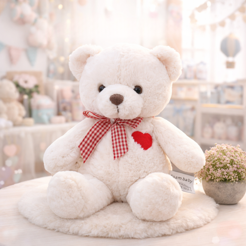 ours peluche bebe blanc assis dans une chambre de bebe ambiance douce et cocooning