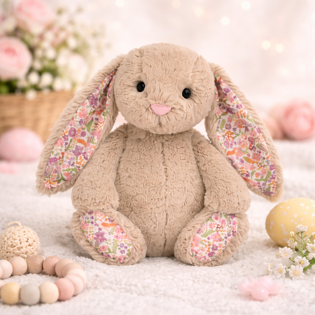 peluche bébé lapin beige douce et fleurie sur fond décoratif