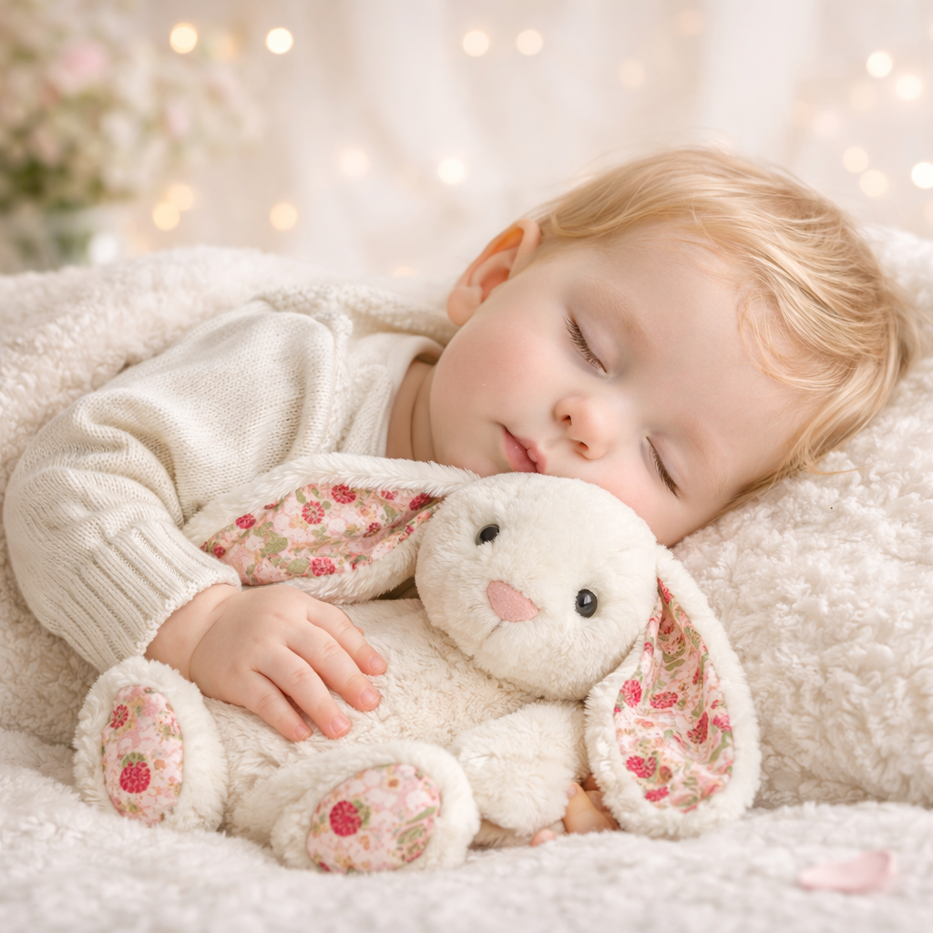 bébé endormi câlinant une peluche bébé lapin blanc