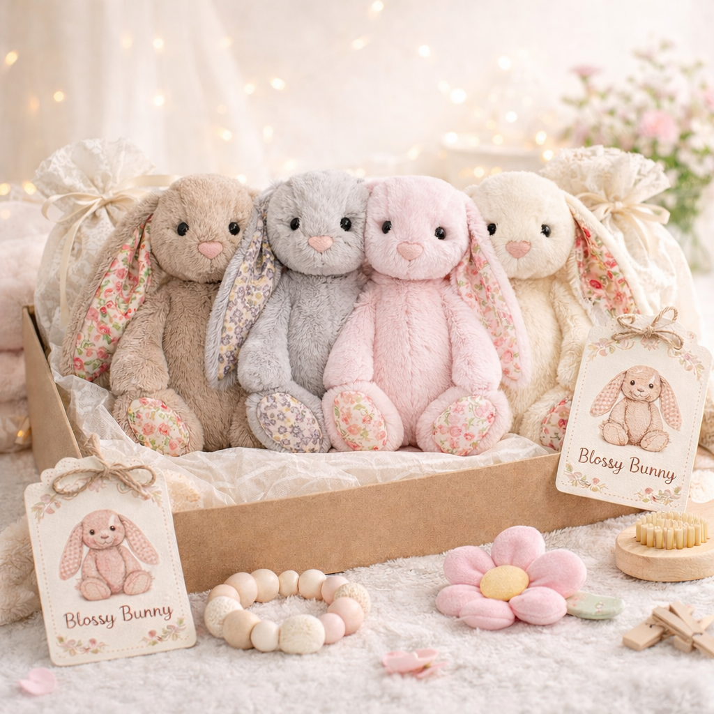 peluches bébé lapin BlossyBunny aux couleurs douces en coffret cadeau