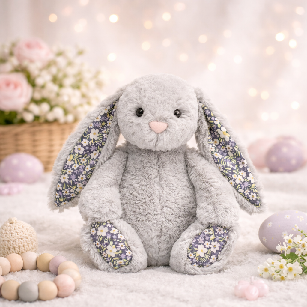 peluche bébé lapin gris douce et fleurie sur fond décoratif