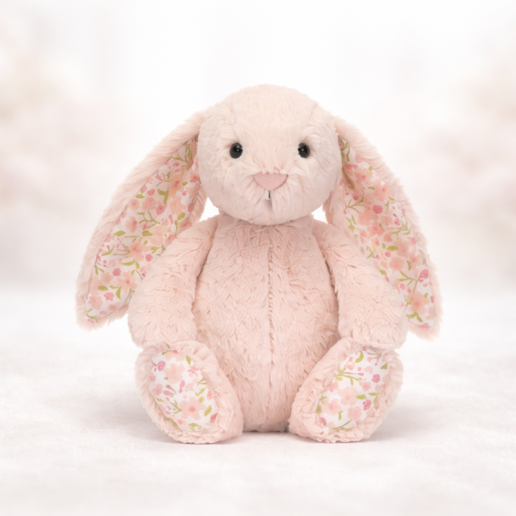 peluche bébé lapin rose douce et fleurie sur fond décoratif
