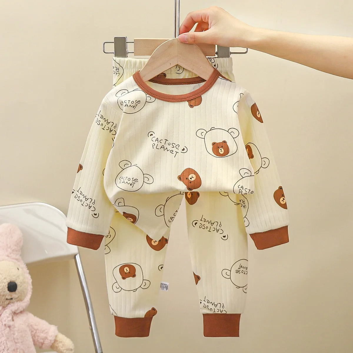 pyjama bébé coton bio motif ourson beige et marron