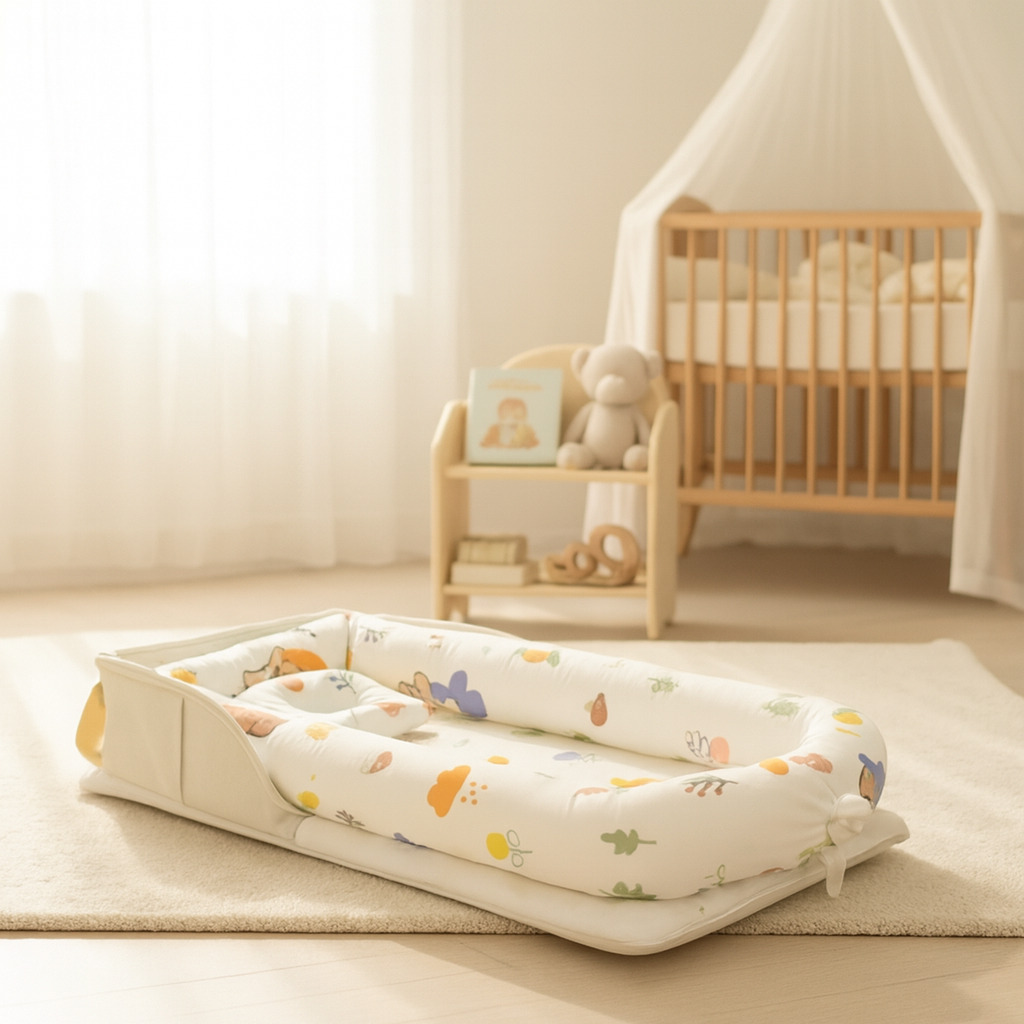 Réducteur de lit beige pour bébé motifs animaux posé dans une chambre lumineuse au style scandinave, devant un berceau en bois.