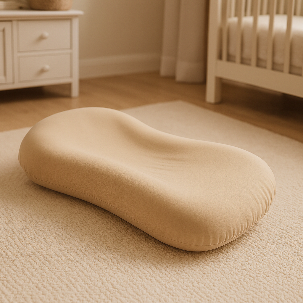 Réducteur de lit beige NidSerein™ posé sur un tapis dans une chambre de bébé, ambiance douce et chaleureuse