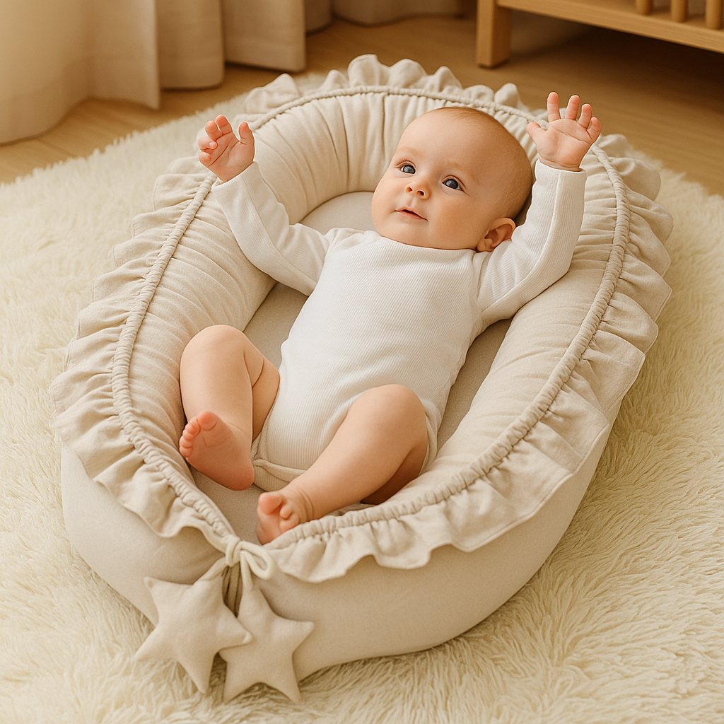 Bébé allongé dans le réducteur de lit beige Rêve de Lin beige, posé sur un tapis doux dans une chambre chaleureuse.